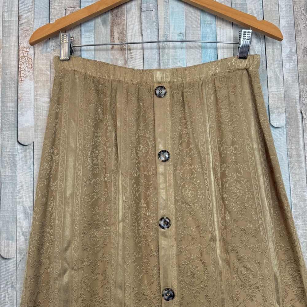 CP Shades S Vintage Gold Jacquard Textured Rayon Button Front Pull On Midi Skirt - Picture 4 of 8